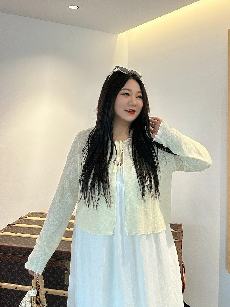 

Thick Sister plus Size Women's Summer Thin Long Sleeve Knitted Shirt Casual Short Open Cardigan Top Belted 14226H