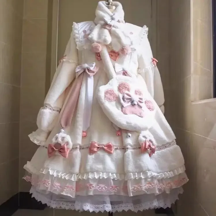 Pequeno leite meow gato lolita vestido de pelúcia op outono inverno manga longa engrossado roupas de ano novo festa de aniversário bonito saco da menina