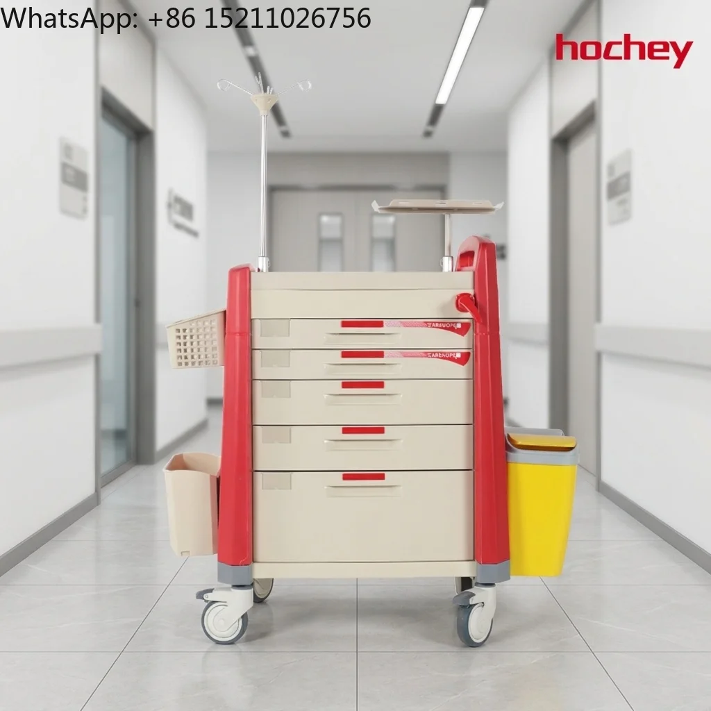 Hochey Multifunctional ABS Emergency Crash Cart Medical Trolley with Drawers for Hospital Clinic