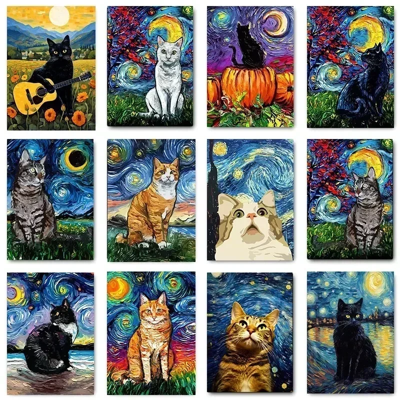 1pc frameless Canvas Painting Funny Animal Black Cat, Abstract Aesthetic Starry Night Van Gogh, Wall Art, HD Canvas Print Poster