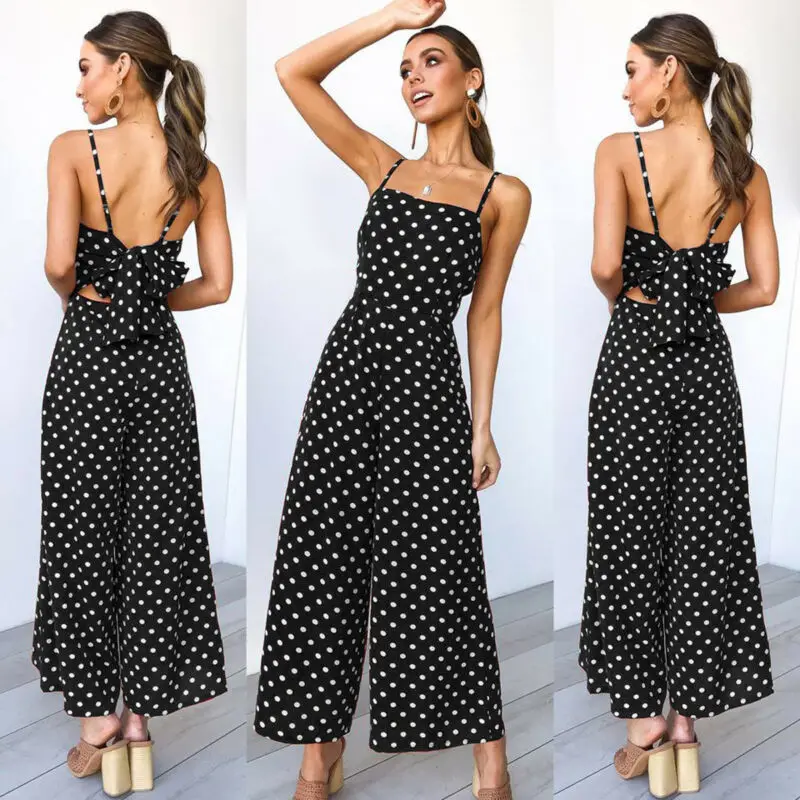 Women Elegant V-Neck Sleeveless High Waist Jumpsuit Summer Sexy Polka Dot Romper Female Loose Wide Leg Playsuits Fashion