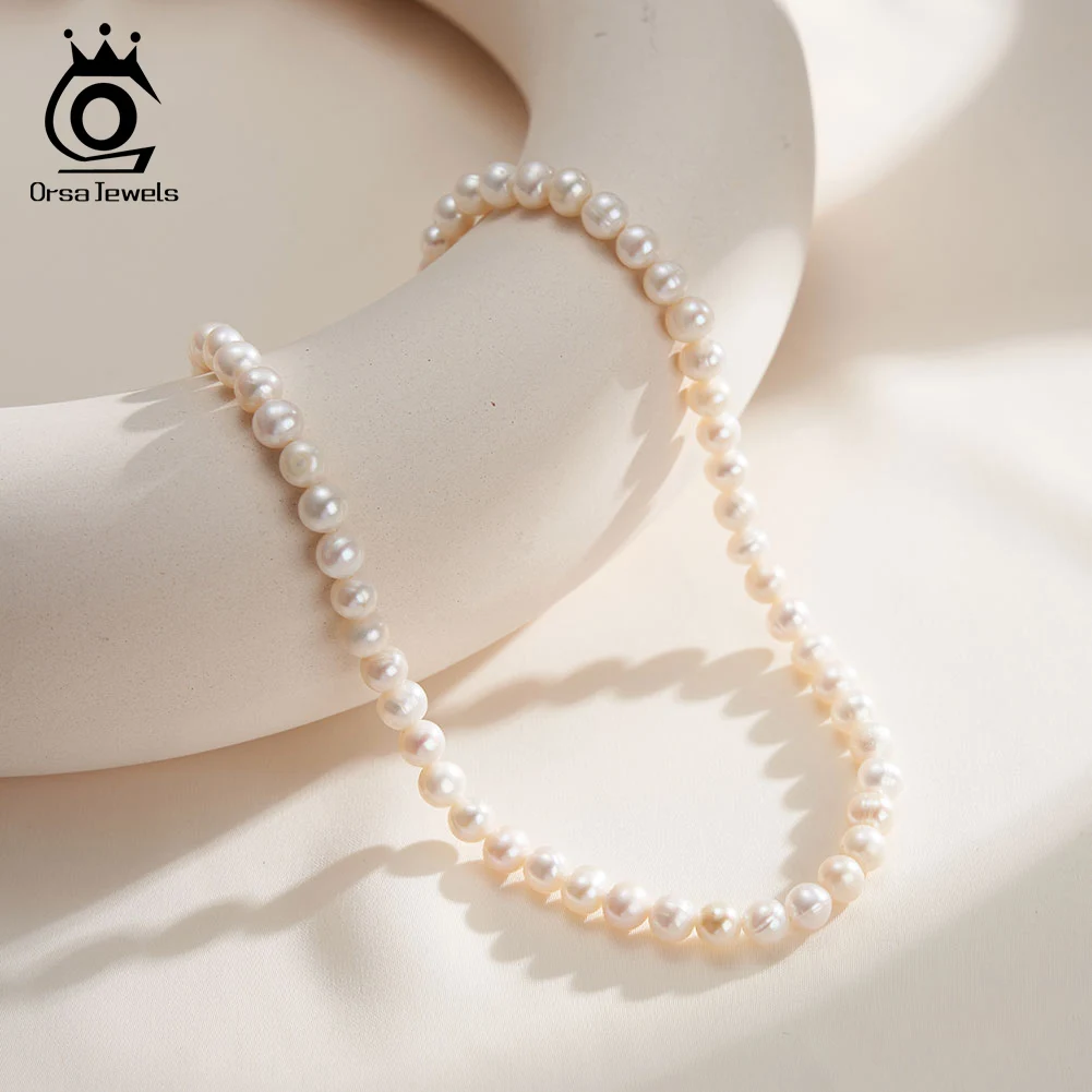 

ORSA JEWELS 925 Sterling Silver Freshwater Pearls 6mm Chain Necklace 14K Gold White Pearls Beads Neck Chain Simple Jewelry GPN75