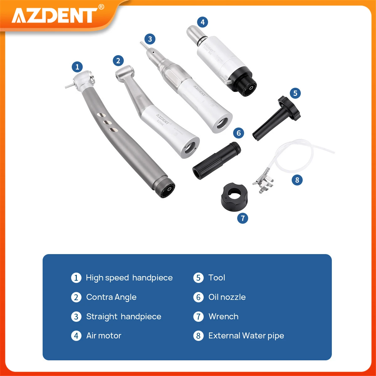 AZDENT Set Dental LED High and Low Speed Handpiece Kit 1:1 Push Button Contra Angle 2/4 Holes Dentist Handpiece Lab Tools