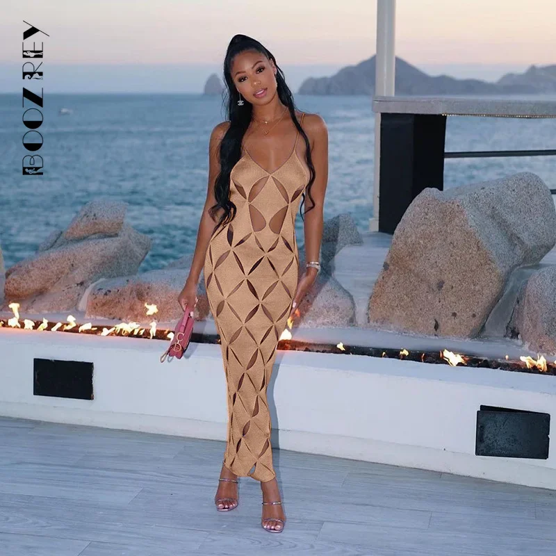 BoozRey Elegant Geometric Maxi Dress Women Evening Spaghetti Strap Backless Hollow Out Robe High Street Hole Lady Long Dresses