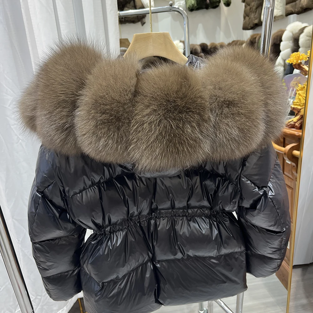 سترة نسائية من Thiened مع ياقة كبيرة من الفرو وخصر متوسط الطول ملابس خارجية دافئة لفصل الشتاء #3