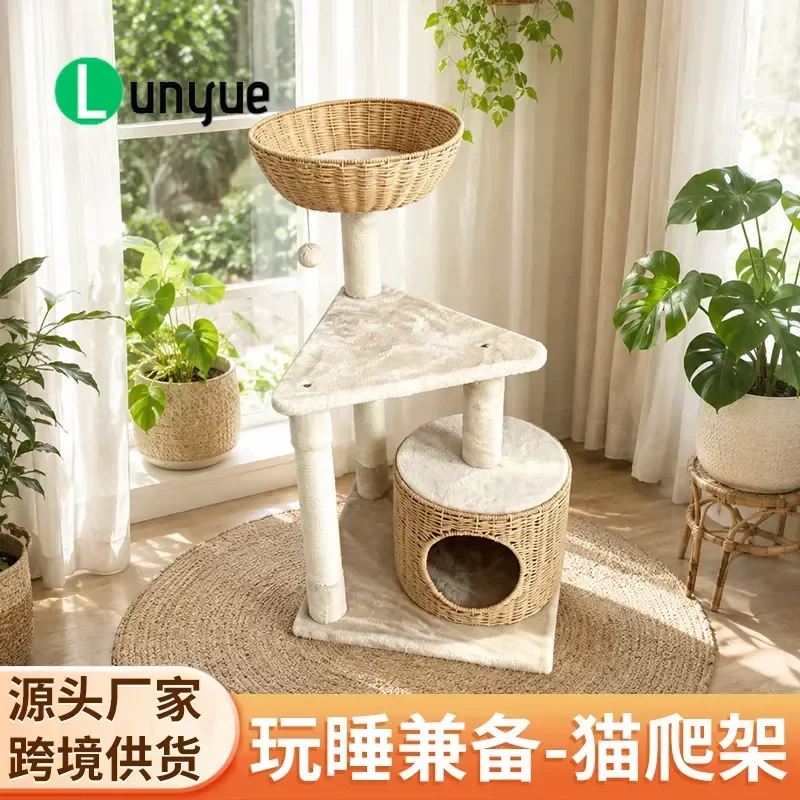 Large Cat Climbing Frame with Sisal Scratching Post Space Capsule Nest Jumping Platform Rattan Cat Tree Integrated Furniture