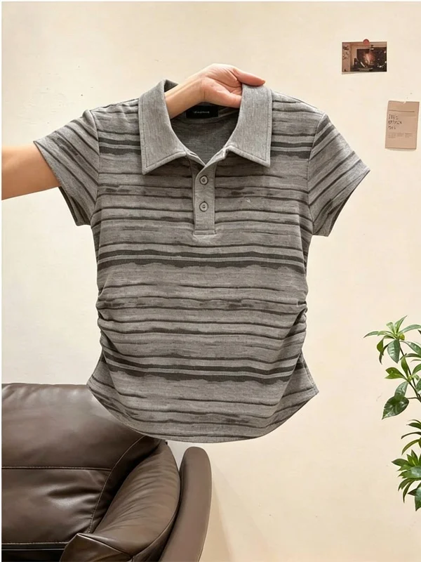 

Casual Style Striped Short Sleeve T-Shirt Women's Loose Fit Turn-down Collar Slimming Top Fashionable Summer New Arrival