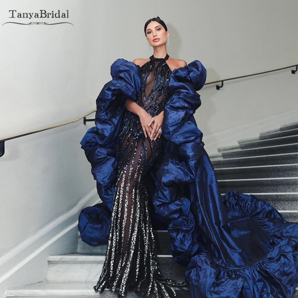 Navy Blue Taffeta Long Jacket Wrap With Ruffles Edge Fashion Cape Chic  DJ225