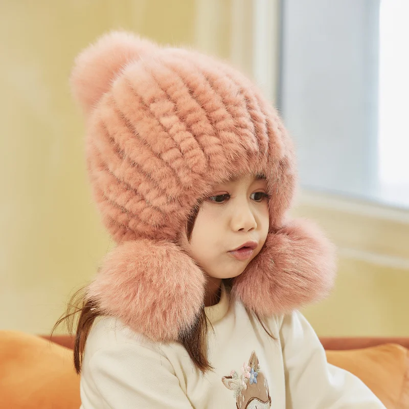 Mink Fur Hat For Girls Winter Warm Ear Protection Hat With Fox Fur Ball Natural Fur Knitted Cap Children Black Fur Caps Fur Hat