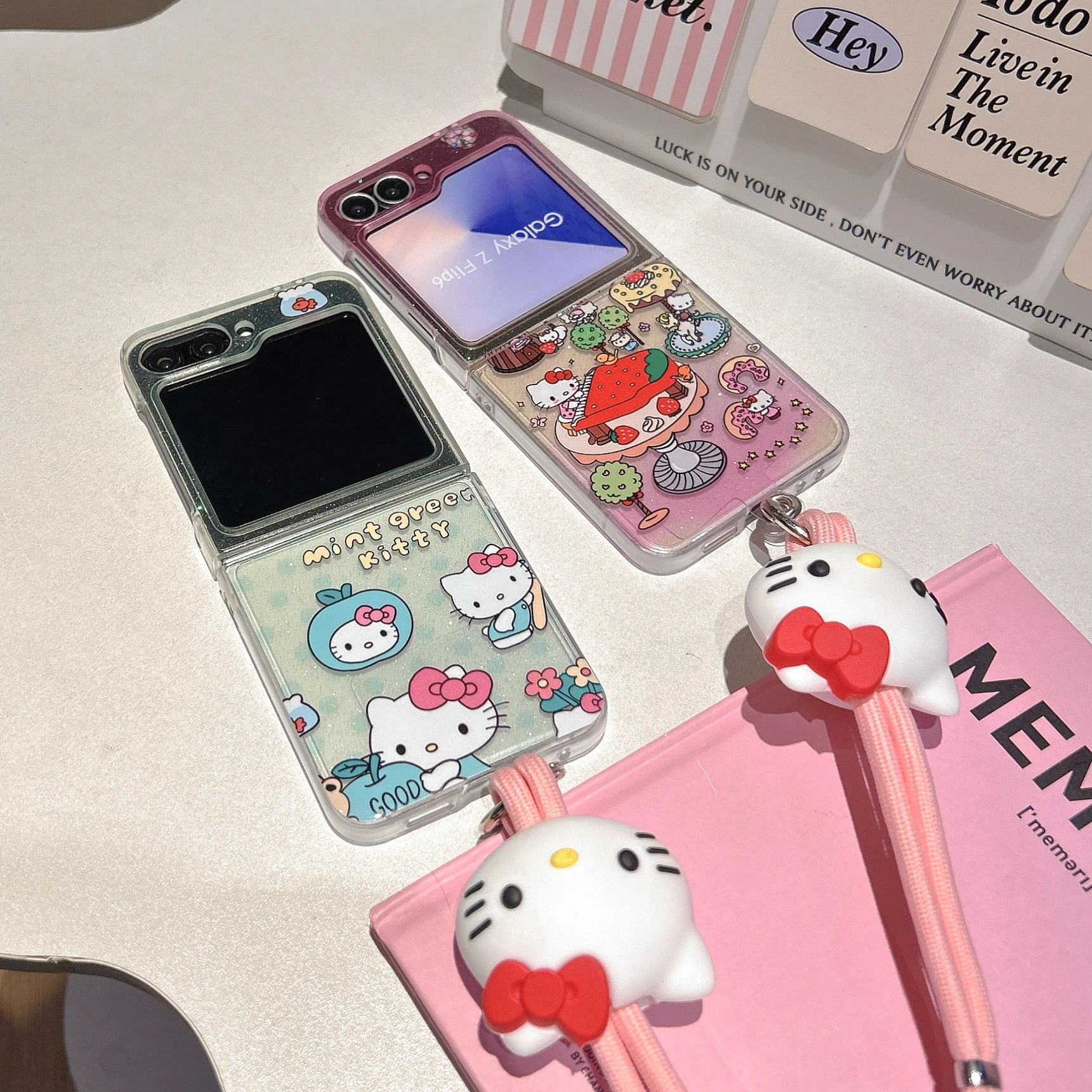 

New Shining Pink Green Sanrio For Hello Kitty Sweet Cake Efficient Protective With Lanyard Phone Case For ZFlip7 Z Flip5 Z Flip6