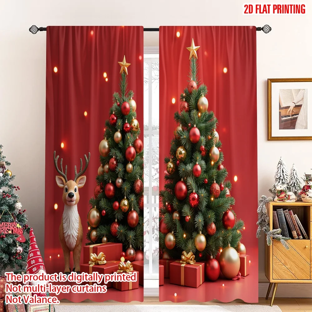 

2pcs 2D flat printing Christmas Party Curtain Christmas Deer Trees Gifts Polyester Without Electricity Holiday Decorations Use