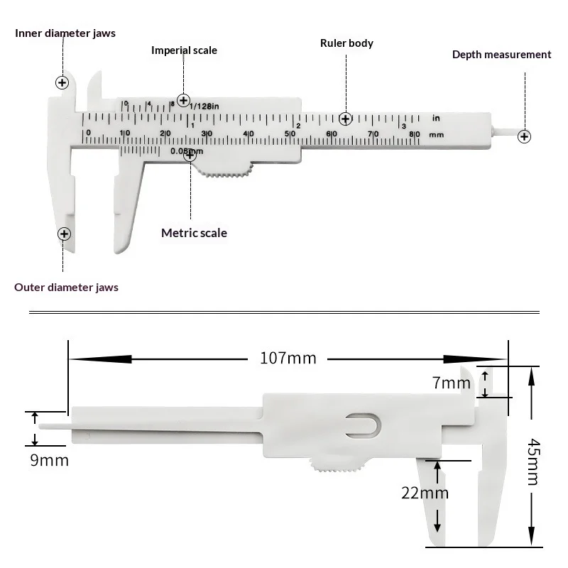 0-80mm Mini Plastic Vernier Caliper Double Scale MM Inch Portable Sliding Gauge for Jewelry Bead DIY Measuring Tool