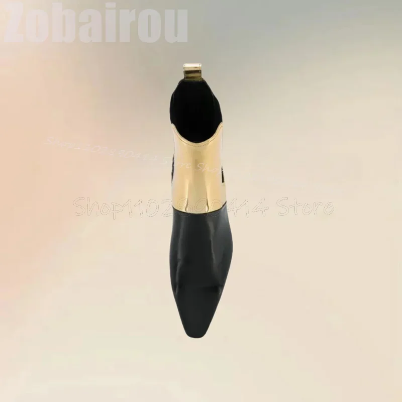 รองเท้าบูทหุ้มข้อทรงแหลมสีทองดำลายปะติด แฟชั่นแบบสวม รองเท้าบูทผู้ชายสุดหรู ทำด้วยมือ เหมาะสำหรับงานปาร์ตี้ งานเลี้ยง งานออฟฟิศ รองเท้าเดรสผู้ชาย