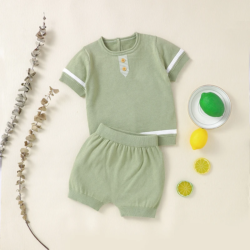 

Комплект одежды для малышей, Трикотажный Хлопковый топ + штаны для младенцев, дышащий Удобный пуловер для новорожденных мальчиков и девочек + шорты, летняя модная однотонная одежда