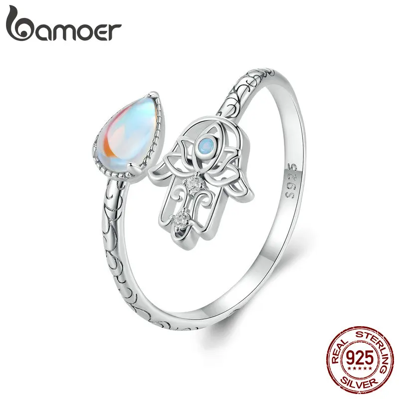 Bamoer 925 Sterling Silver Lucky Hand Ring Pattern Hamsa Rings Shiny Zircon For Women Girls Original Design Gift Fine Jewelry