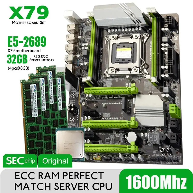 Go! Atermiter X79T X79 Turbo Motherboard LGA2011 ATX Combos E5 2689 CPU 4pcs x 8GB = 32GB DDR3 RAM 1600Mhz PC3 12800R PCI-E