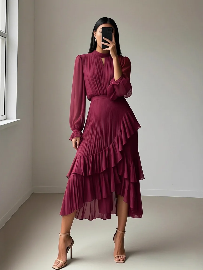 Ele Deep Blue Pure Color Midi Dr with Pleats And Lace Hemline Lady's Faionable European Sle Long Sve Dr