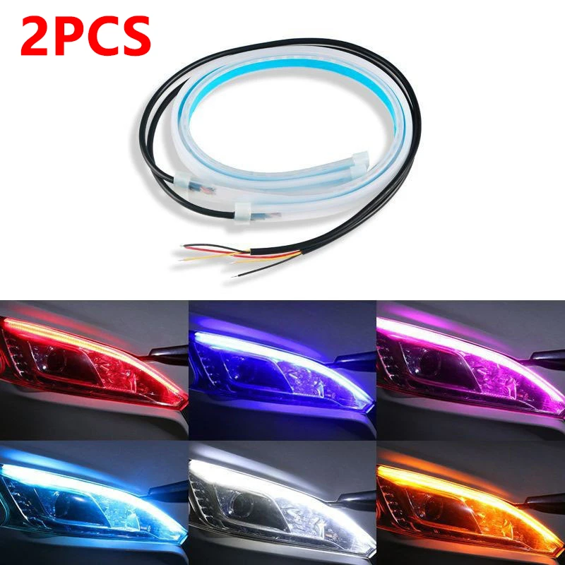 

2Pcs LED DRL Car Daytime Running Light Flexible Waterproof Strip Auto Headlights White Turn Signal Yellow Brake Flow Lights 12V