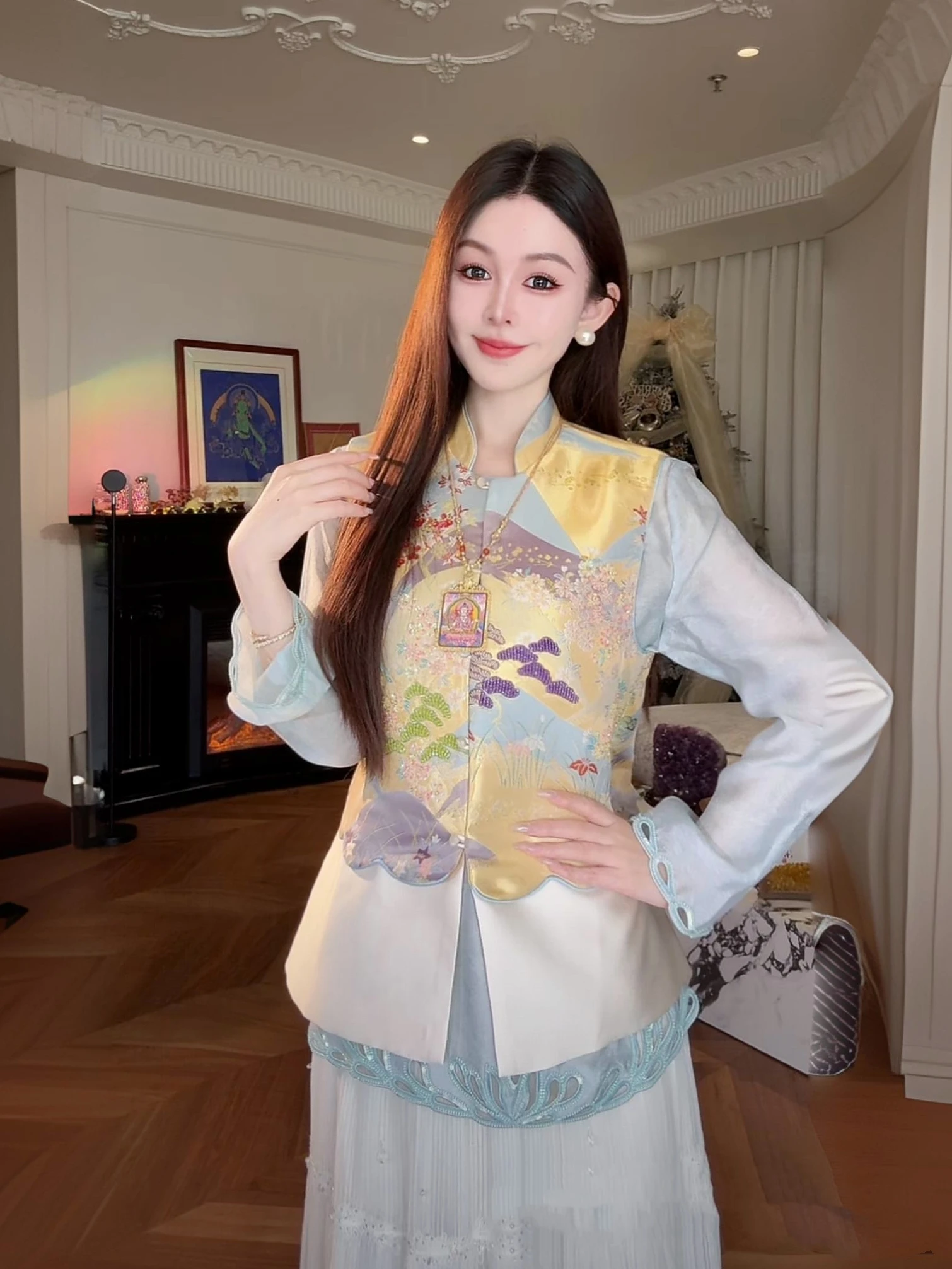 

Комплект из двух предметов: жилет и рубашка из лиоцелла с принтом «Горная вода» в традиционном китайском стиле, свободный крой, повседневная одежда для женщин