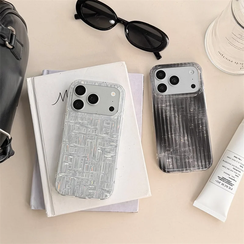 

Holographic Woven Striped Clear Phone Case for iPhone 15 16 17 Pro Max Minimalist Shockproof Cover fashion phone cases Iphone 15
