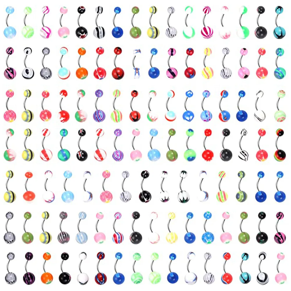 Modisches, mehrfarbiges Acryl-Edelstahl-Bauchnabelpiercing für Frauen und Mädchen, 30/50 Stück, Ombligo-Piercing, Körperschmuck – Detail 4