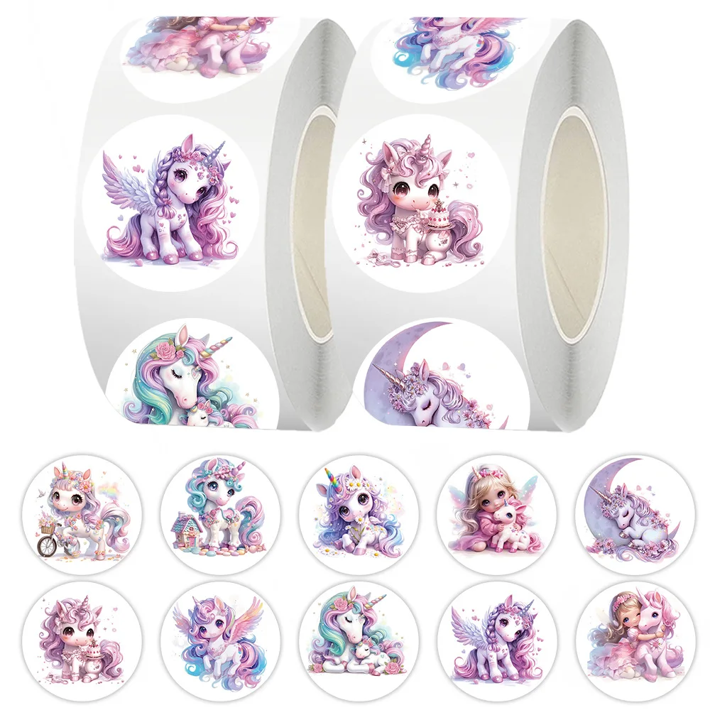 Rouleau d'autocollants de scellage licorne rose, 500 pièces/rouleau, dessin animé, coque de téléphone en PVC, tasse d'eau, autocollants pour ordinateur portable, décoration, récompense, cadeau, jouets, cadeaux, DIY bricolage