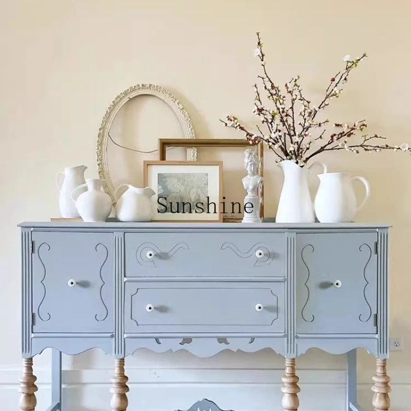 

French solid wood dining side retro carved blue entrance simple living room storage wine cabinet