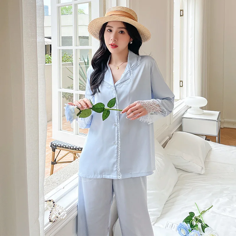 

Satin Women Pajamas Set Sleepwear Casual 2PCS Shirt&Pants Lace Patchwork Pyjamas Nightwear Soft Lounge Wear Home Clothes