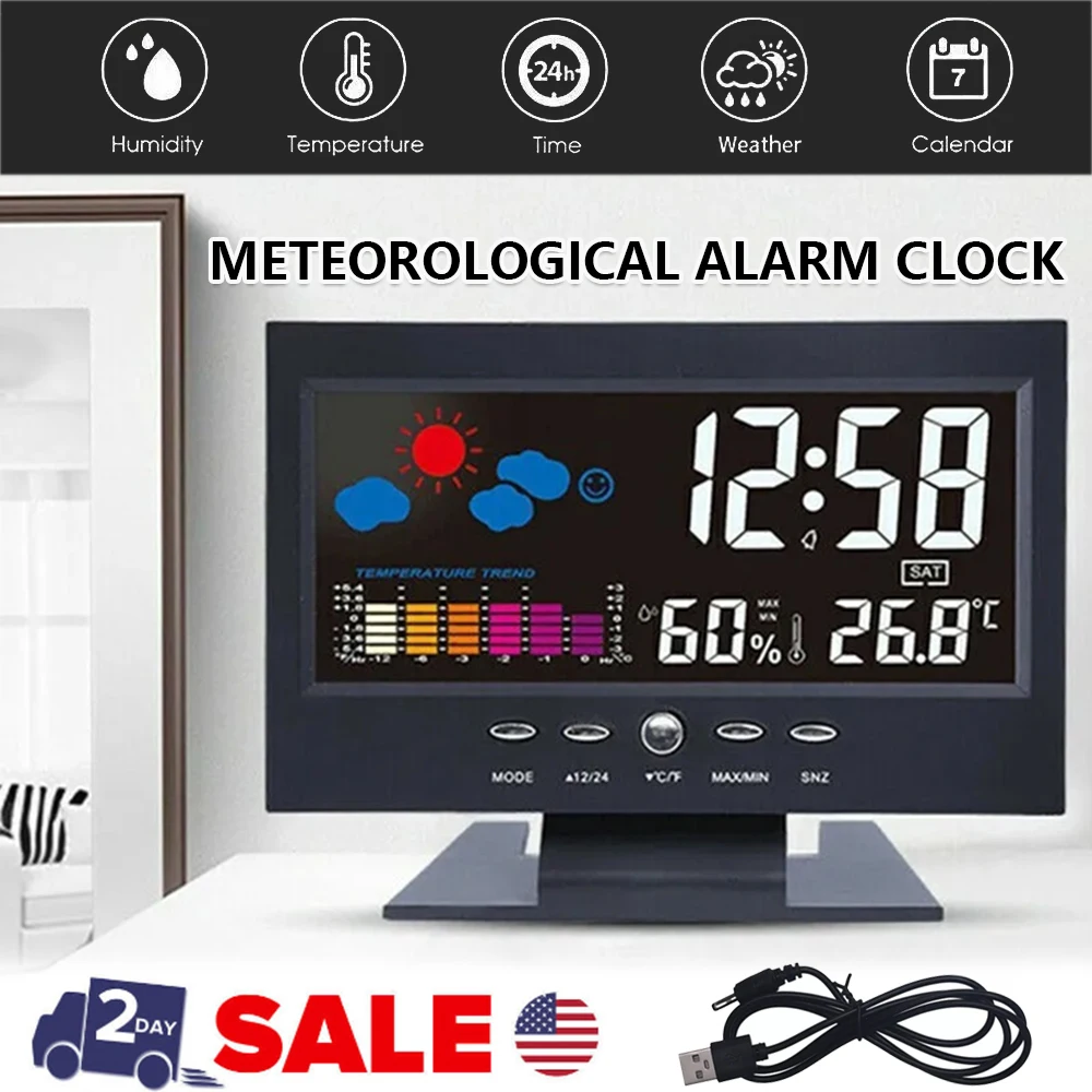 Pantalla Led, retroiluminación Digital, estación meteorológica interior, despertador con repetición, hora/fecha/semana/alarma/temperatura/humedad/seco/visualización de repetición