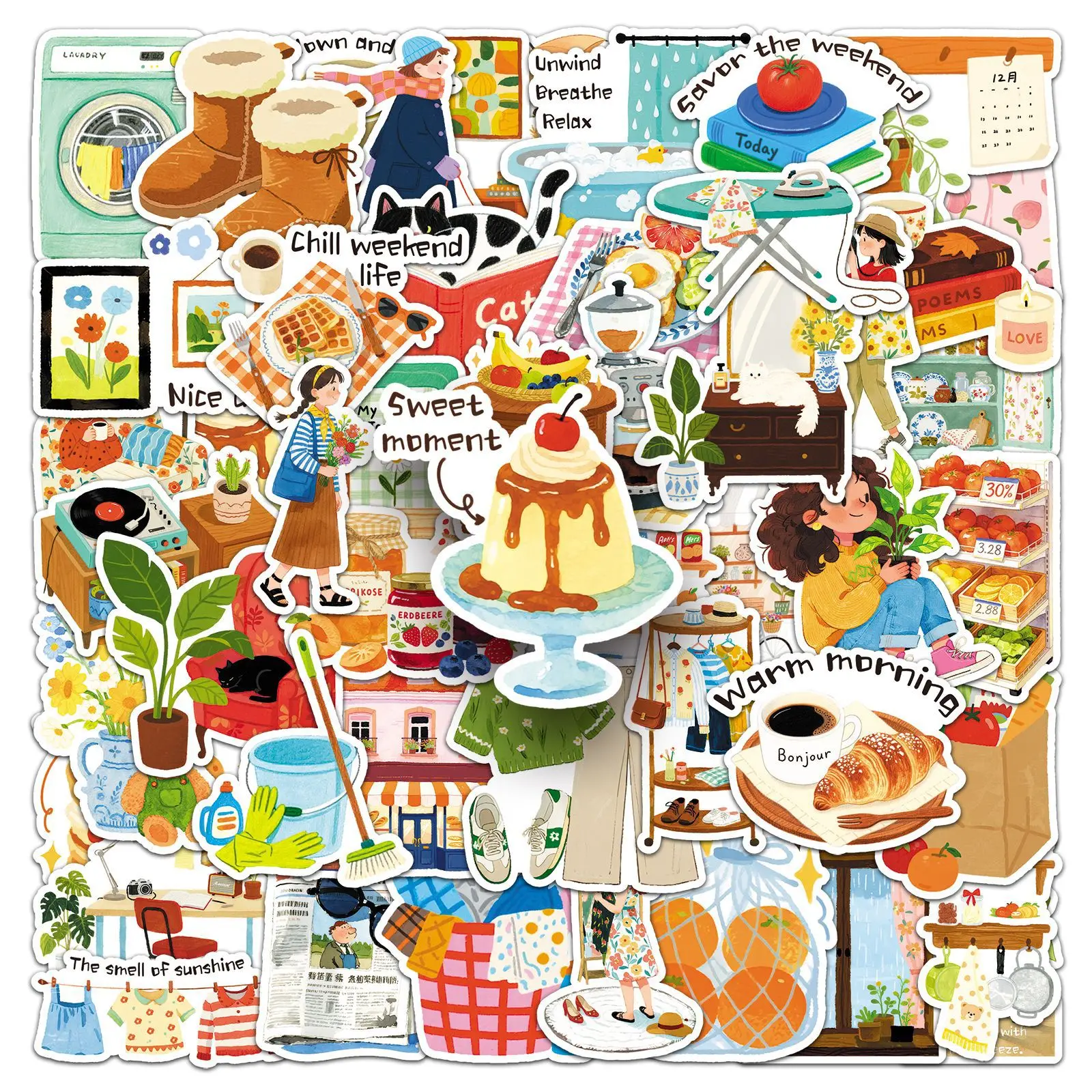 50 Pcs Weekend Plan Stickers Salt Style Hand Drawn Creative Daily Life Graffiti Journal Stationery Fridge Stickers