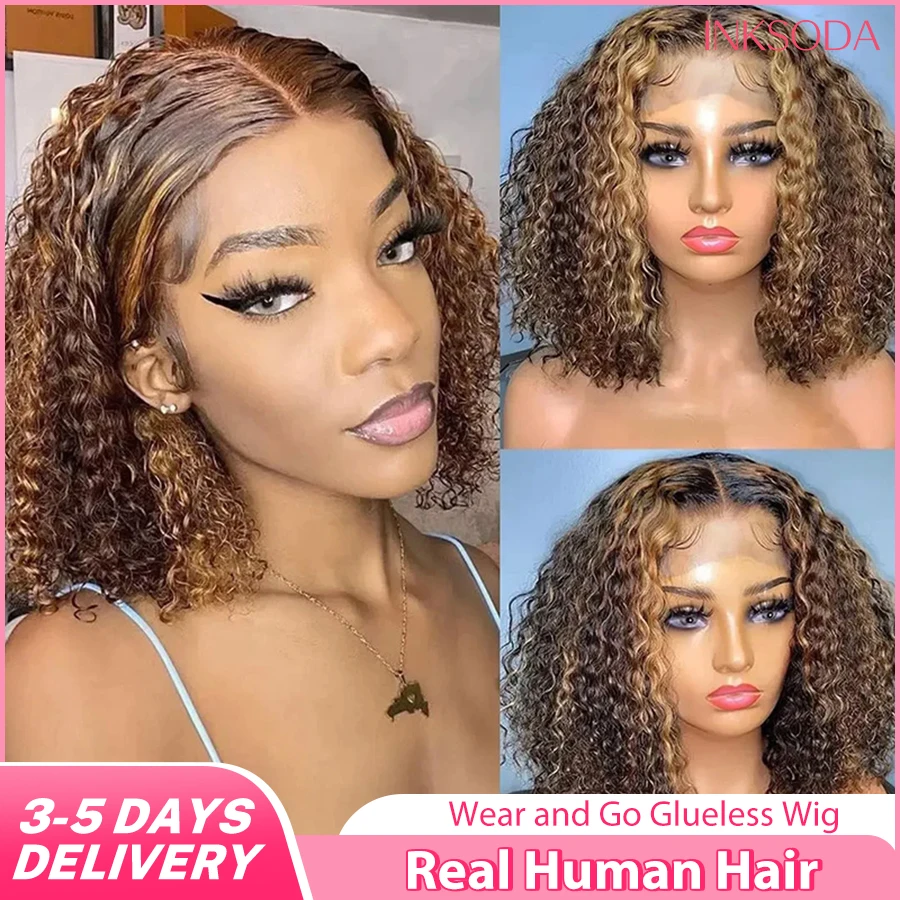 

P4/27 Highlight Curly Bob Wigs Human Hair 5x5 Closure Wigs Brazilian Deep Wave Lace Frontal Wigs Ombre Brown Glueless Wigs