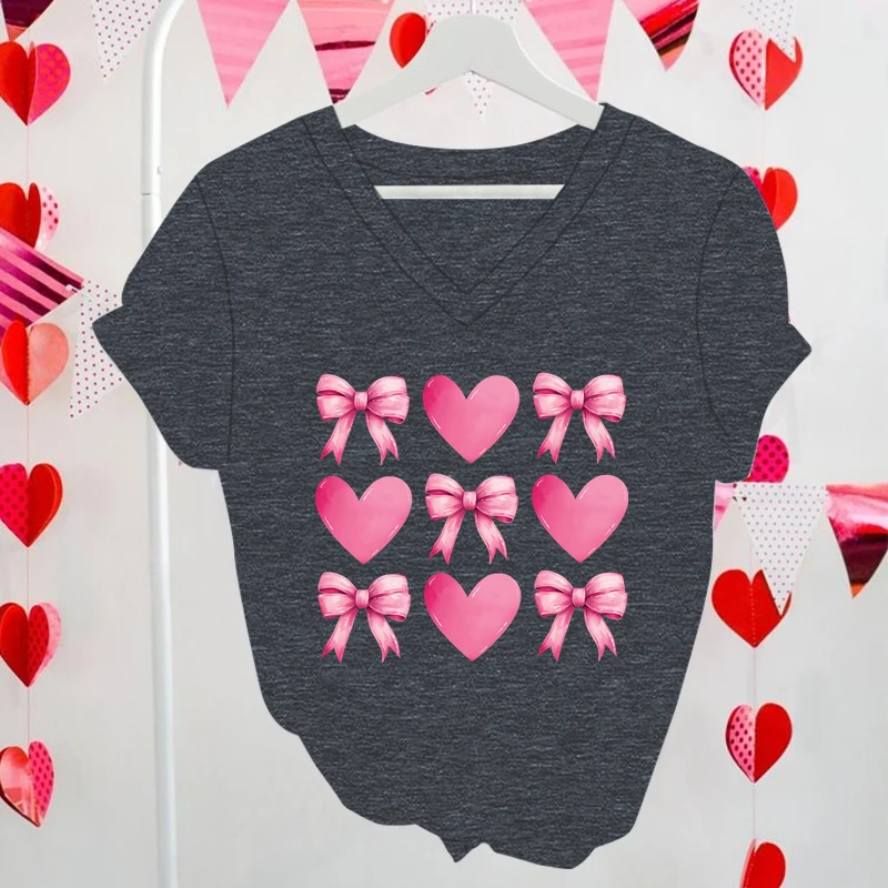 T-Shirt For Women Valentine's Day Clothing Pink Bow Heart Print T Shirts Short Sleeve V-Neck Female Coquette Valentine Tshirts