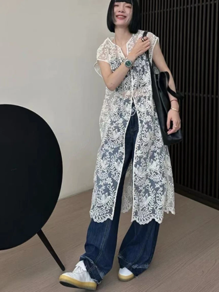 Summer Casual Loose Lace Open Fork Dress Women Vintage Chic Solid Sleeveless Dresses Female Fashion Y2k O Neck Thin Clothing New