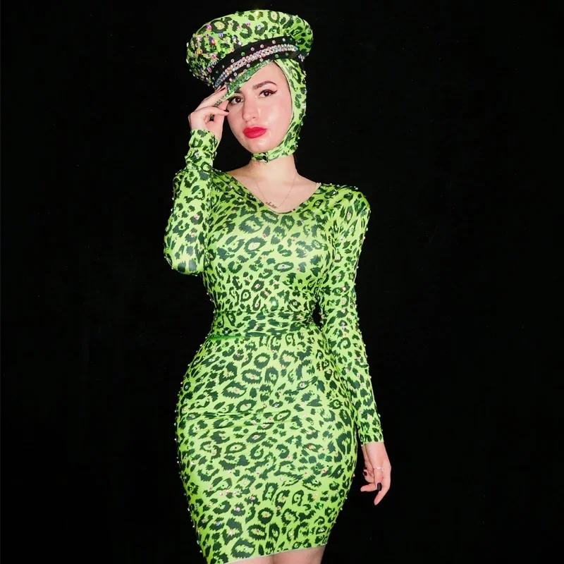 الأخضر ليوبارد الراين فستان قبعة المرأة فساتين السهرة الحفلات مرحلة مهرجان الزي ملابس الجاز سحب الملكة زي XS6370