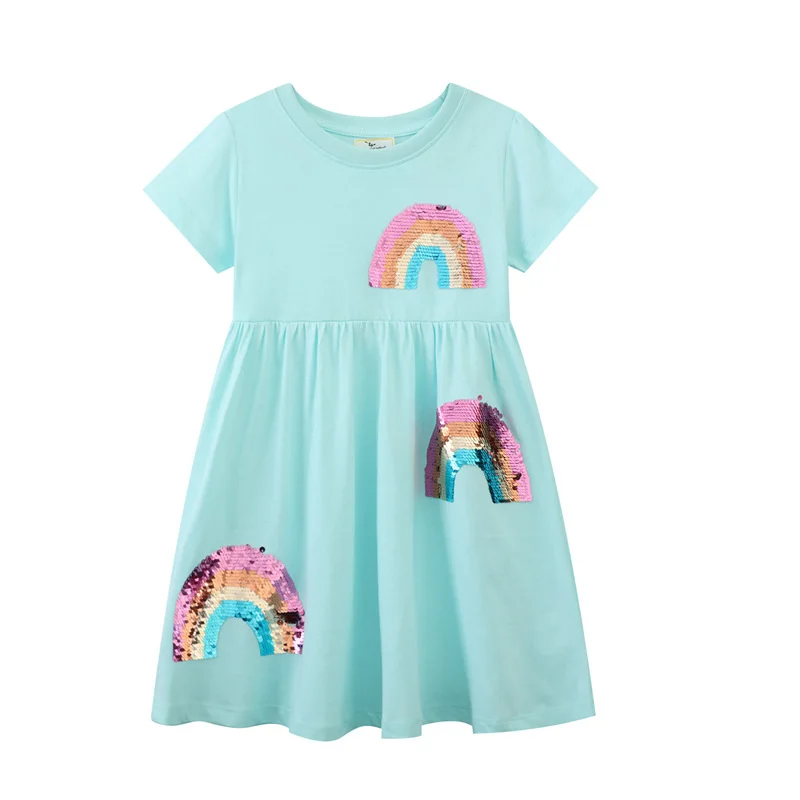 

Jumping Meters 2-7T Summer Girls Dresses Rainbow Beading Short Sleeve Dots Party Children's Clothes Toddler Frocks Costume