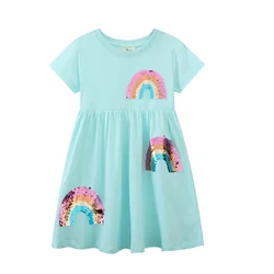 Jumping Meters 2-7T Summer Girls Dresses Rainbow Beading Short Sleeve Dots Party Children's Clothes Toddler Frocks Costume