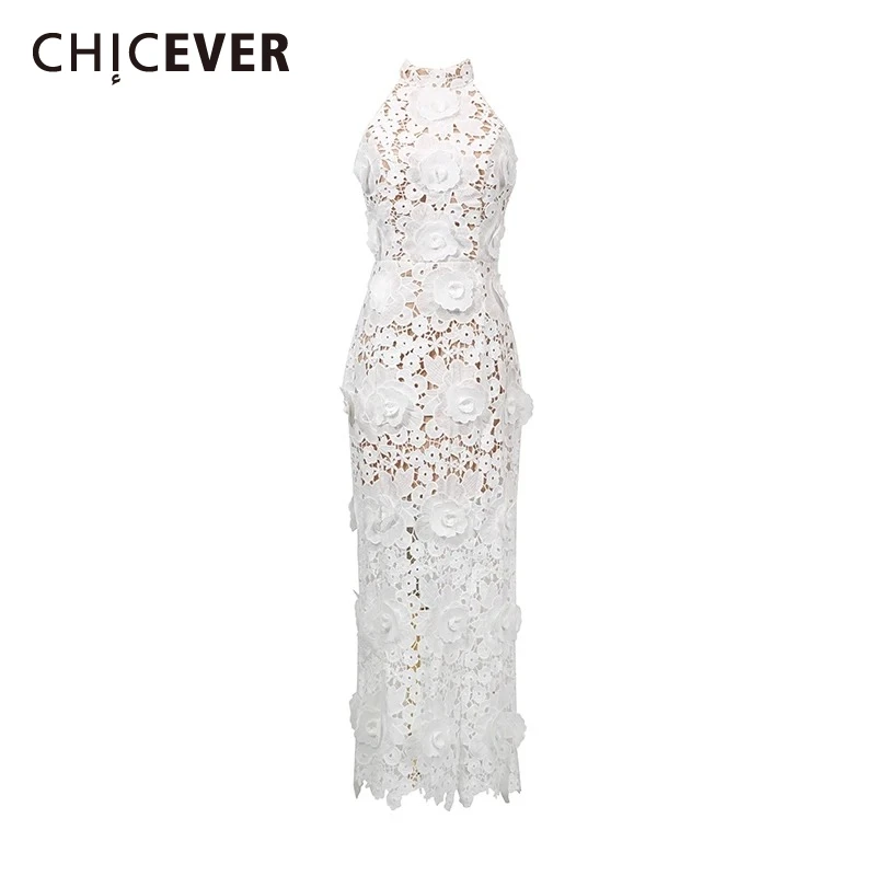 

CHICEVER French Retro Style Hollow Out Slim Dress for Women Halter Sleeveless High Waist Patchwork Appliques Long Dresses Female