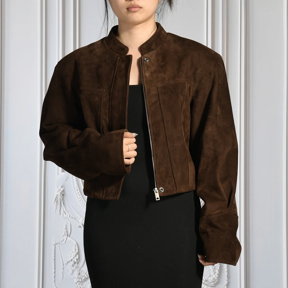 Luxyonuo Giacca invernale da donna in vera pelle scamosciata Autunno Bomber in vera pelle scamosciata di capra Cappotto in pelle oversize Nuovo arrivo