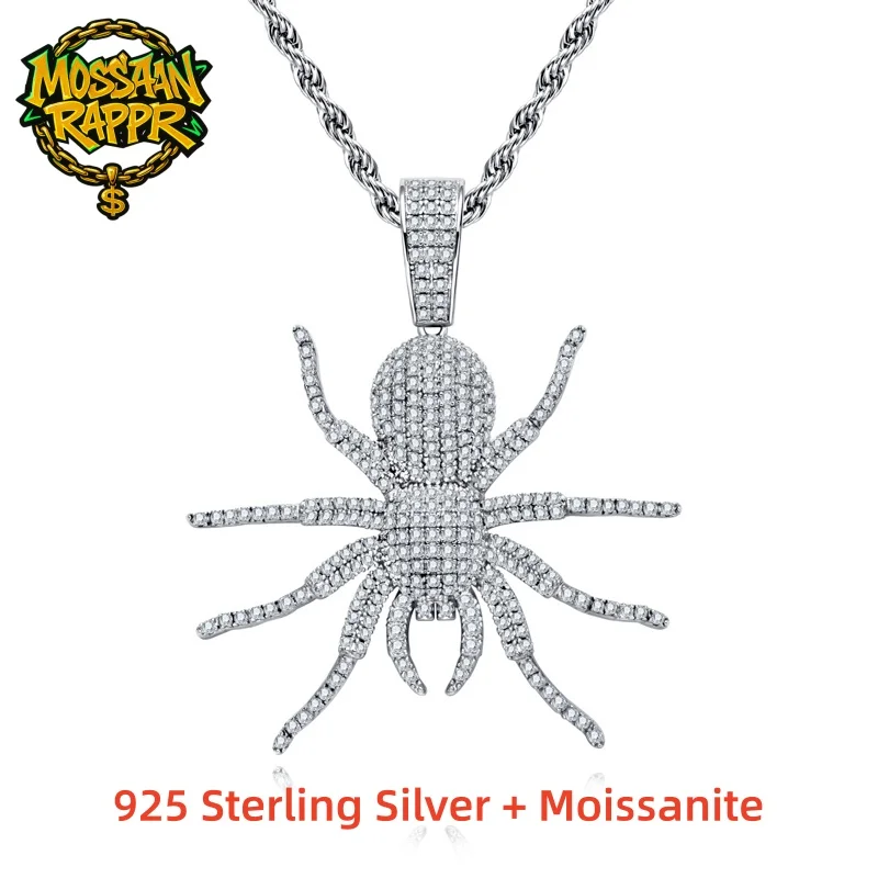 

MossanRappr 2.9cttw Moissanite Iced out Spider Pendant Punk Hip Hop Necklace 925 Sterling Silver Street Style Jewelry for Men