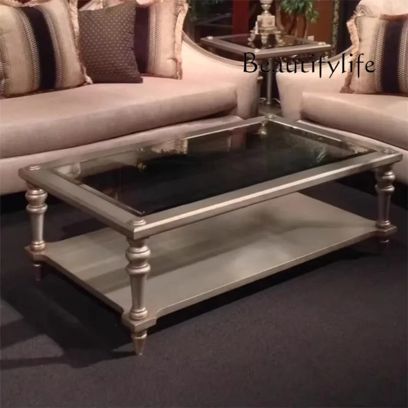 

BJ American Neoclassical Coffee Table French Engraving Champagne Gold Edge Table Design Model Room Solid Wood Glass Coffee Table
