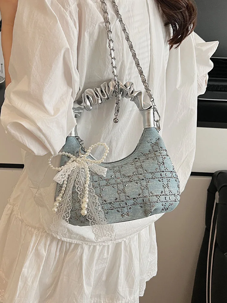 

Premium Texture Sequin Handbag 2025 Women's Summer New Fashion Chain Bow Crossbody Bag Korean Version Pleated Shoulder Bag