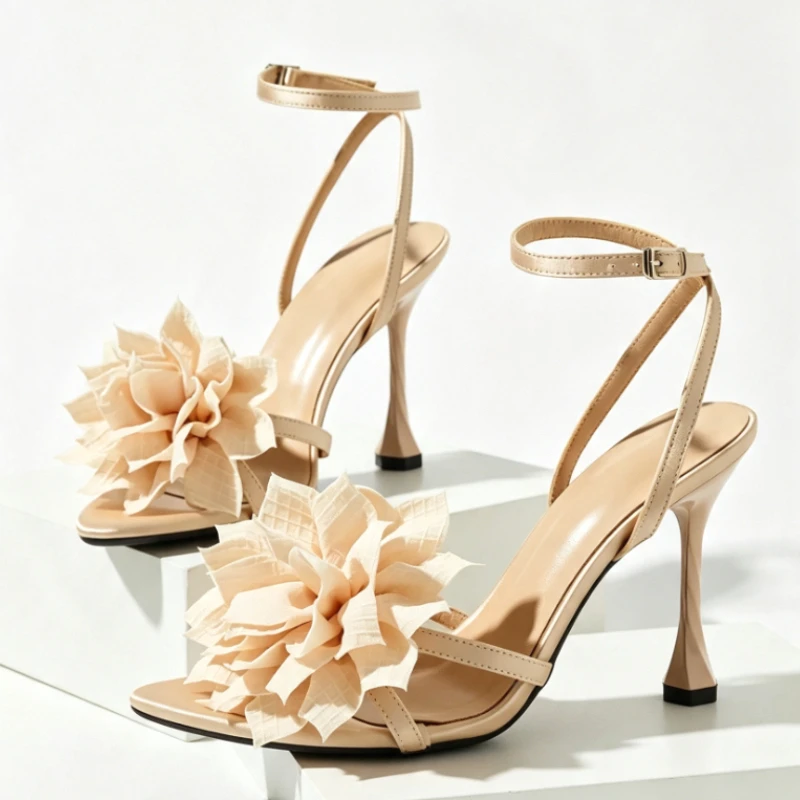 Sweet Flower Decoration Sandals for Women Fashion Pointed Toe Buckle Design High Heels Summer 2026 Banquet Weddings Bridal Shoes