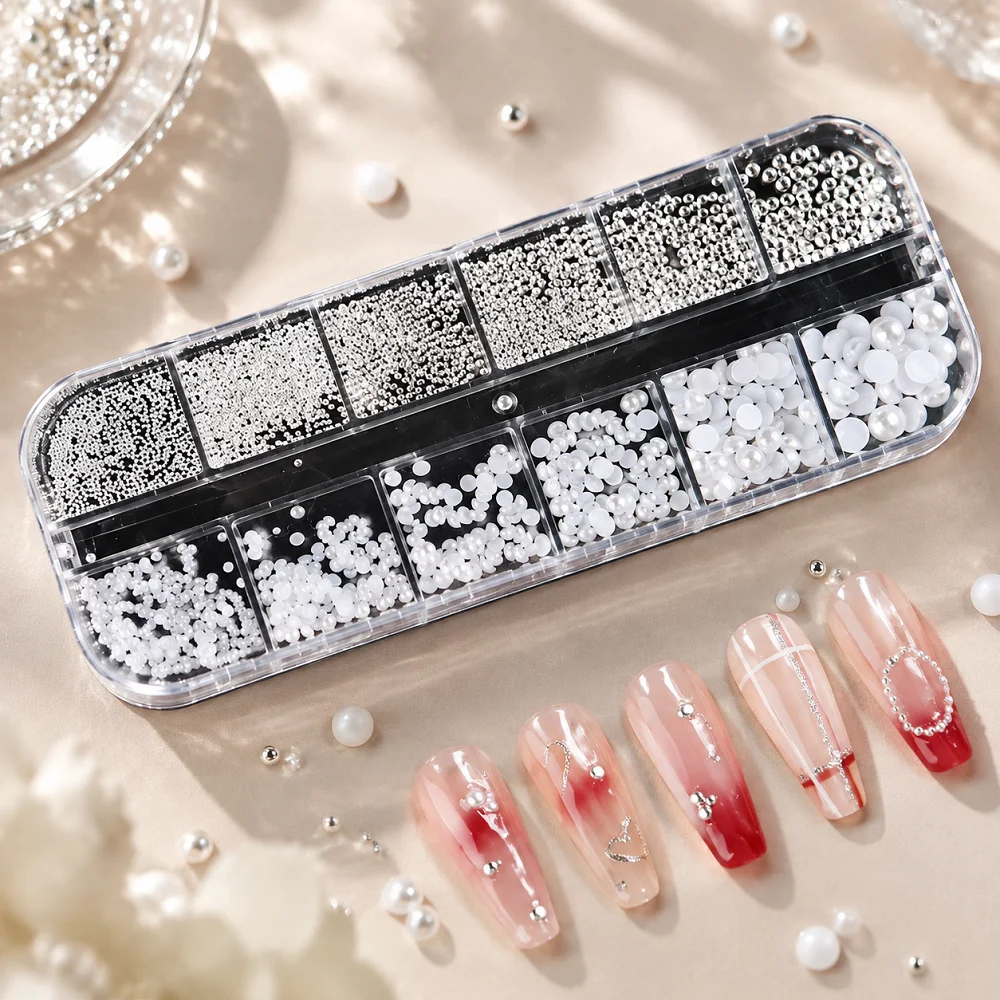 12 Gitter Weiße Halbrunde Perlen Nagelkunst-Dekoration Gemischte Größen Silber Gold Mini Stahlkugel Nieten Strass Nagelzubehör – Detail 7
