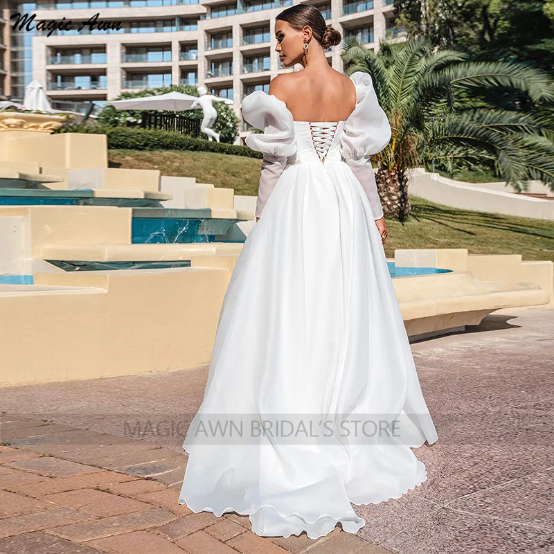 Magic Awn-Vestidos De Novia blancos con mangas abullonadas, traje bohemio con abertura lateral, faja con cuentas y cordones en la espalda, corte en A