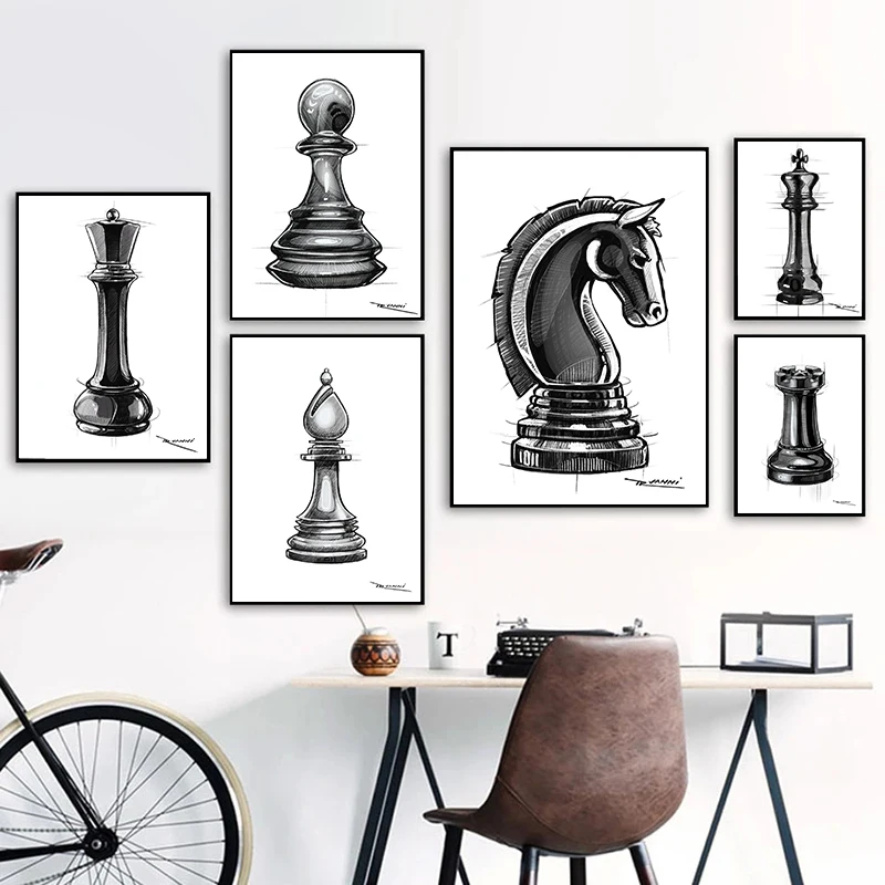 Modern Chess Rook Pawn King Queen Sketch Canvas Painting Game Poster Print Wall Art For Living Room Home Decor Cuadros