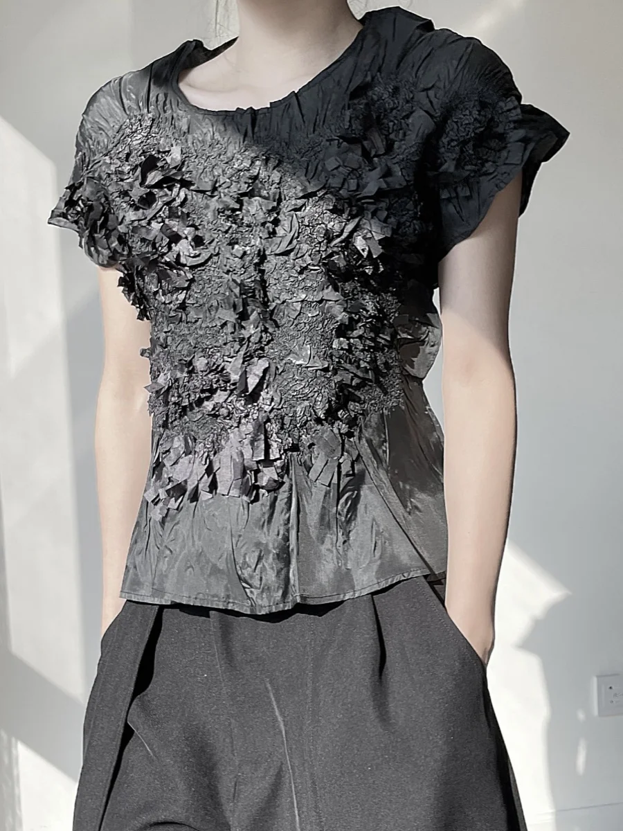 

Женская футболка ручной работы с эластичными вставками, летняя, приталенная, с цветочным 3D-принтом, круглым вырезом, повседневная, во французском стиле, из полиэстера.