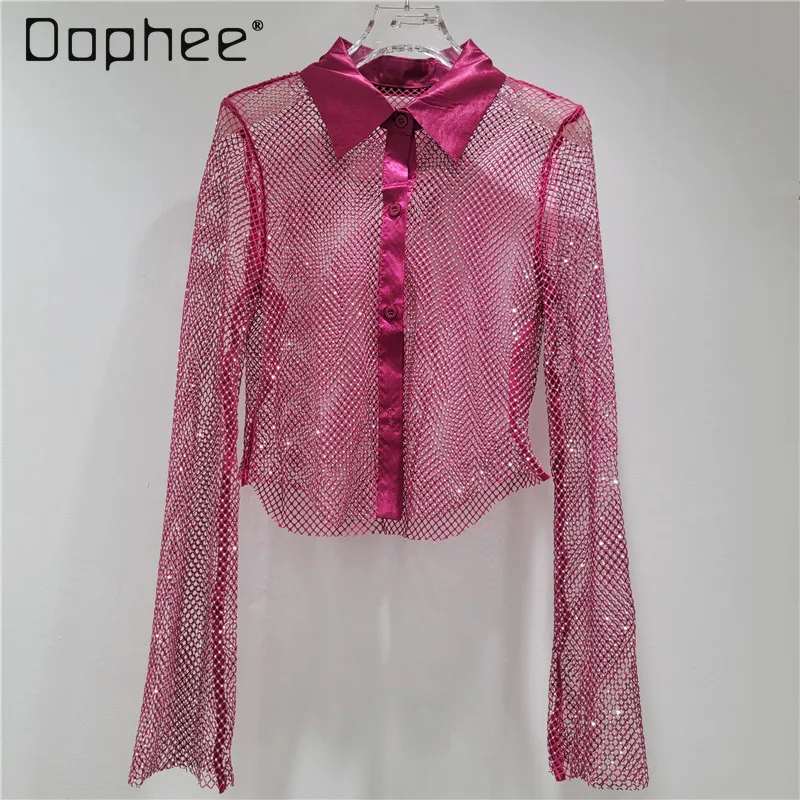 Sexy Rhinestone Hollow Fashion Shiny Base Style Shirt Women Socialite Elegant Slim Rhinestone Round Neck Long Sleeve Top Trendy