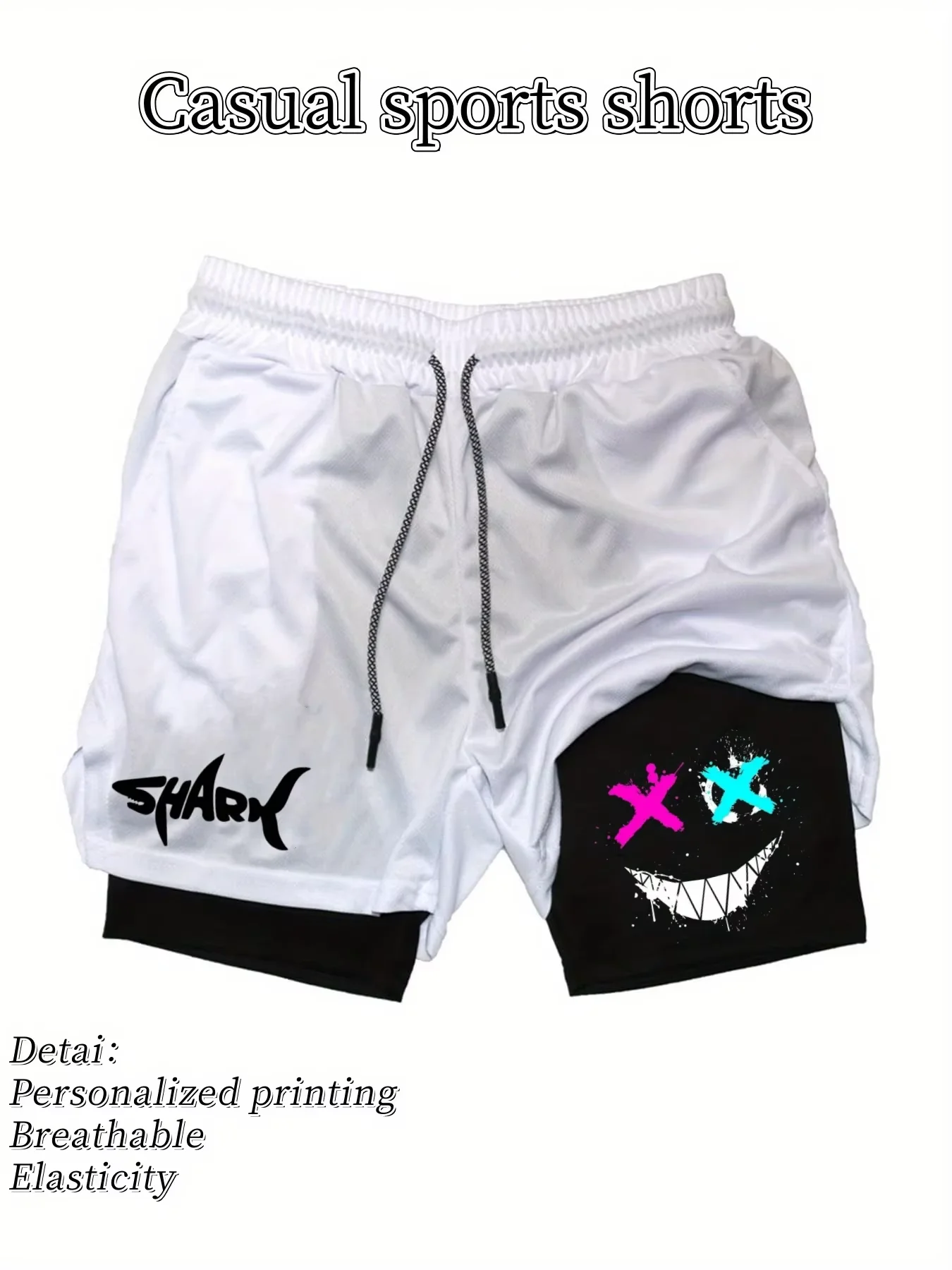 Лето 2029, мужские двухслойные тренировочные шорты для бега, шарнирная акула, графический принт, регулируемый шнурок на талии, спортивный тренажерный зал HX0041