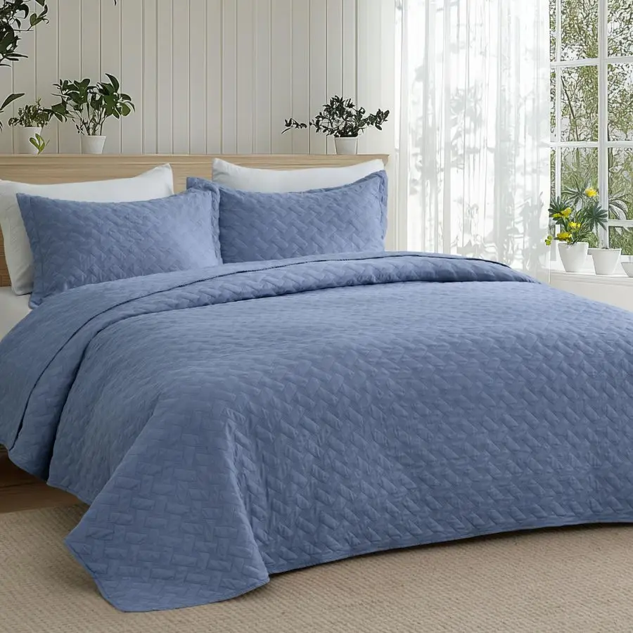 

Quilts Queen Size Lightweight Bedspreads Queen Size with Basket Weave Pattern, Soft Quilt Bedding Set, Mineral Blue Comforter Se