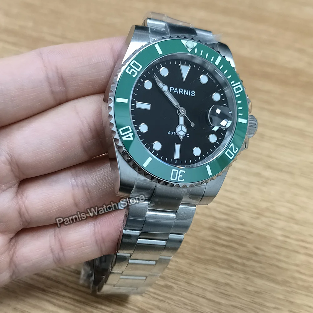 Parnis-reloj mecánico automático para hombre, cronógrafo de acero inoxidable con esfera negra, cristal de zafiro, calendario, 40mm